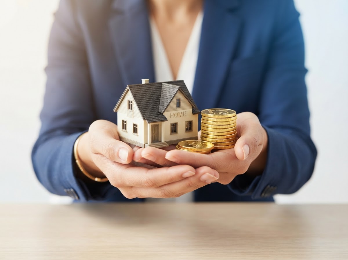Mãos segurando casa e dinheiro
